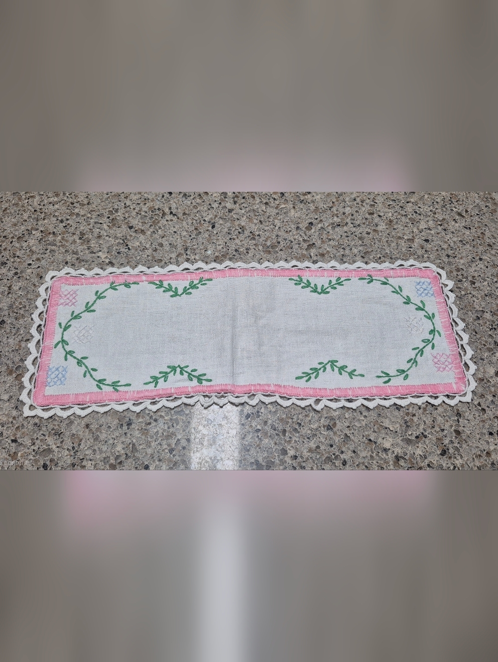 Vintage Hand Embroidered Linen Dresser Scarf White Pnk Grn 14" x 5.25" Crocheted